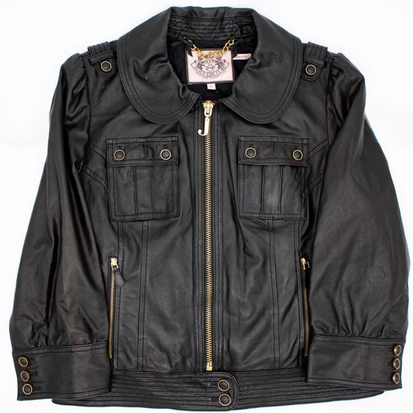 Real Leather Black Jacket with Gold Zippers Vintage Juicy Couture Like New Large - Picture 1 of 5